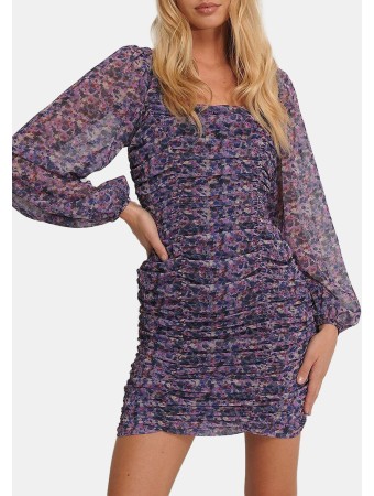 Square Neck Gathered Chiffon Dress
